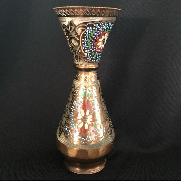 Vintage Hand Painted & Etched Copper Vase with Floral Designs - Picture 6 of 16